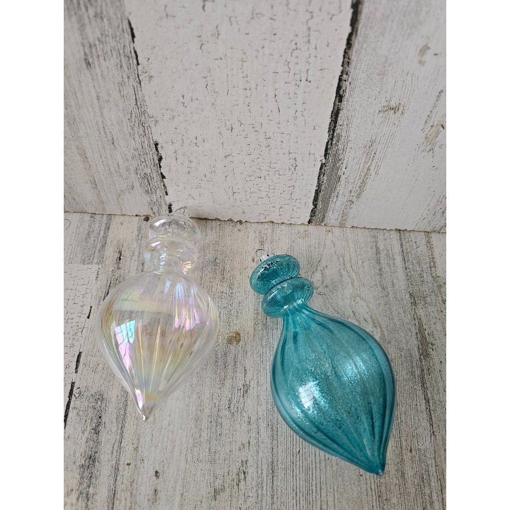 Glass iridescent teardrop blue ornament set Xmas tree unique crackle
